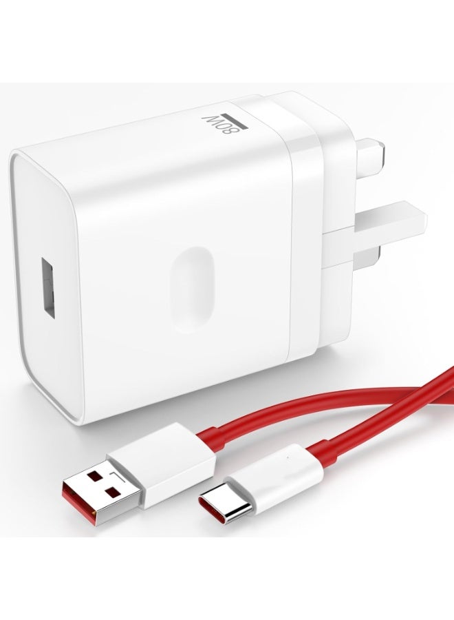 80W Fast Charger with USB C Charge Cable 1M Compatible with Onepls 15/14/13/12/12R/10/9 Pro/10T/10R/ 8T/8/7T/7 Pro/Open/ Nord 3T/Nord CE 3 Lite/ N30/N20/N10/9R/6T and Oppo/Realme Fast Charge Cable - Image 1